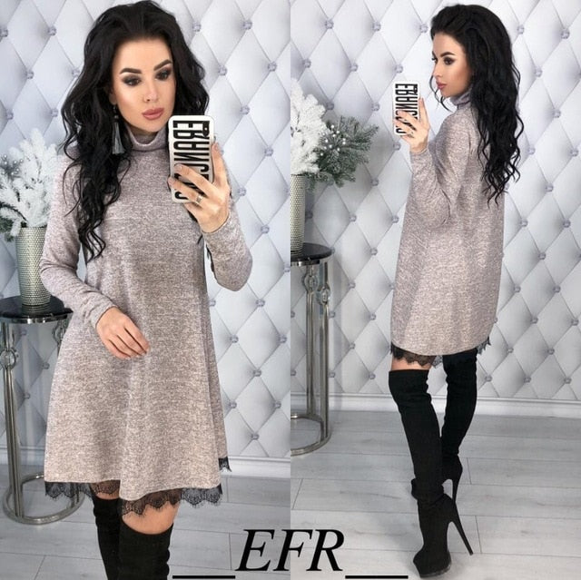 New Winter Spring Turtleneck A-line Lace Hem Long Sleeve Solid Causal Mini Dress Women Fashion Warm Elegant Dress Party Vestidos