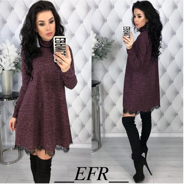 New Winter Spring Turtleneck A-line Lace Hem Long Sleeve Solid Causal Mini Dress Women Fashion Warm Elegant Dress Party Vestidos