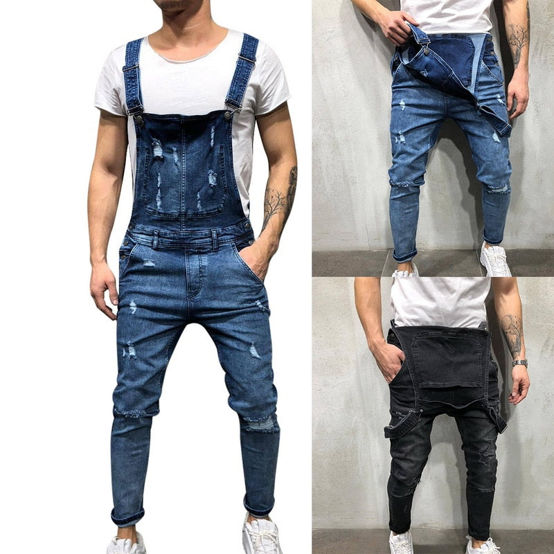 Puimentiua Men Ripped Denim Jumpsuit Overalls Jean Casual Suspenders Pants Men Fashion Hip Hop Jumpsuit Jean Bib Pant Streetwear