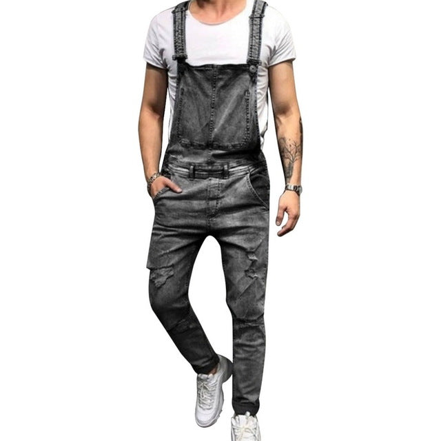 Puimentiua Men Ripped Denim Jumpsuit Overalls Jean Casual Suspenders Pants Men Fashion Hip Hop Jumpsuit Jean Bib Pant Streetwear