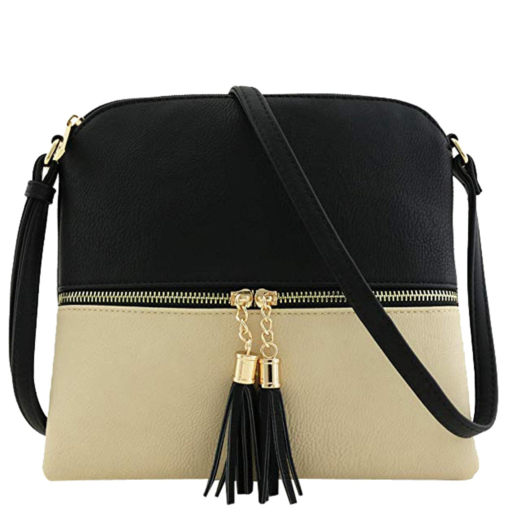 New Panelled Zipper Shoulder Bags Women Leather Tassel Crossbody Bag Hit Color Shoulder Bags Messenger Bag#YL