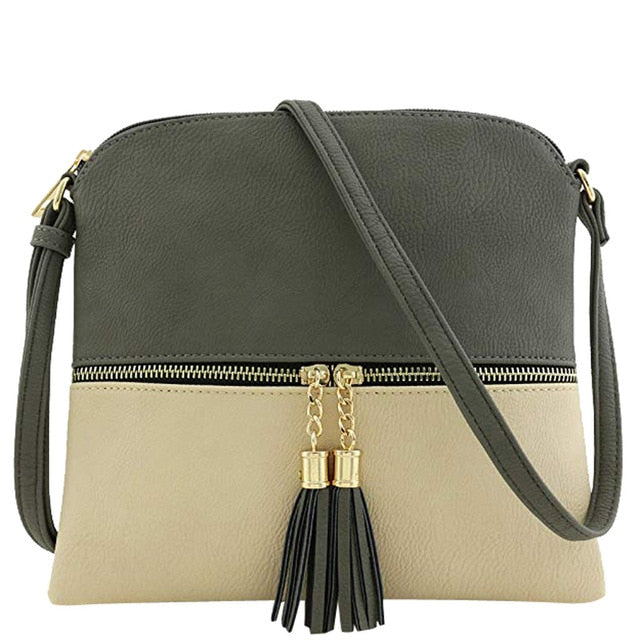 New Panelled Zipper Shoulder Bags Women Leather Tassel Crossbody Bag Hit Color Shoulder Bags Messenger Bag#YL