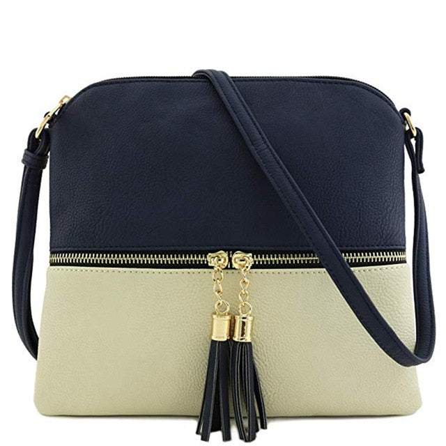 New Panelled Zipper Shoulder Bags Women Leather Tassel Crossbody Bag Hit Color Shoulder Bags Messenger Bag#YL