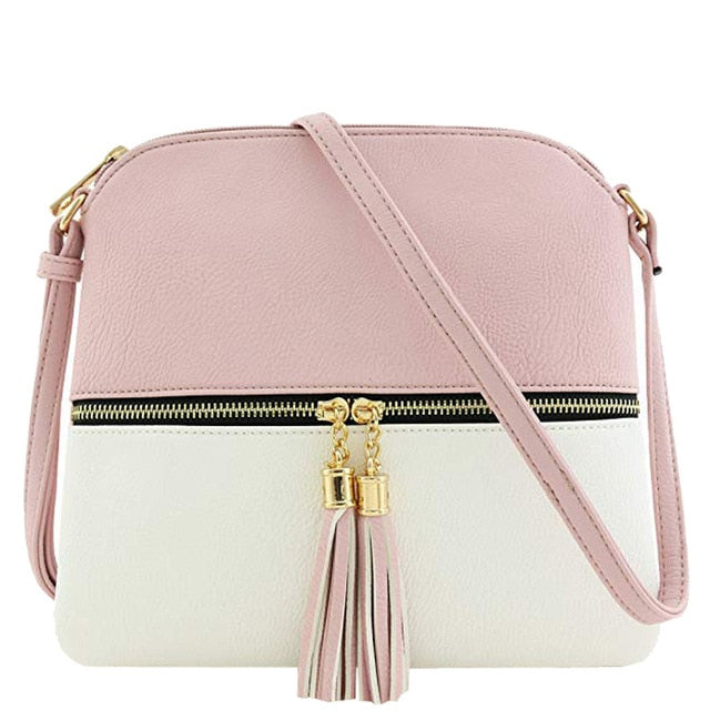 New Panelled Zipper Shoulder Bags Women Leather Tassel Crossbody Bag Hit Color Shoulder Bags Messenger Bag#YL