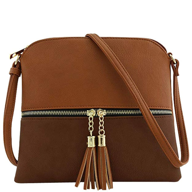 New Panelled Zipper Shoulder Bags Women Leather Tassel Crossbody Bag Hit Color Shoulder Bags Messenger Bag#YL