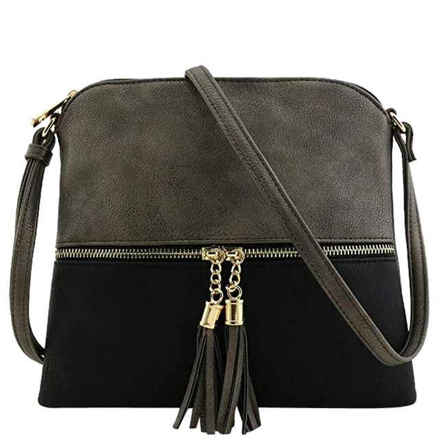 New Panelled Zipper Shoulder Bags Women Leather Tassel Crossbody Bag Hit Color Shoulder Bags Messenger Bag#YL