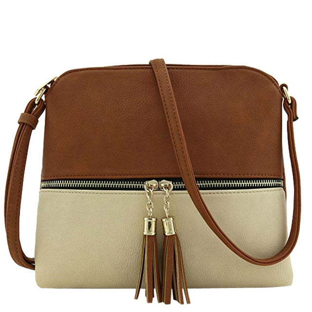 New Panelled Zipper Shoulder Bags Women Leather Tassel Crossbody Bag Hit Color Shoulder Bags Messenger Bag#YL