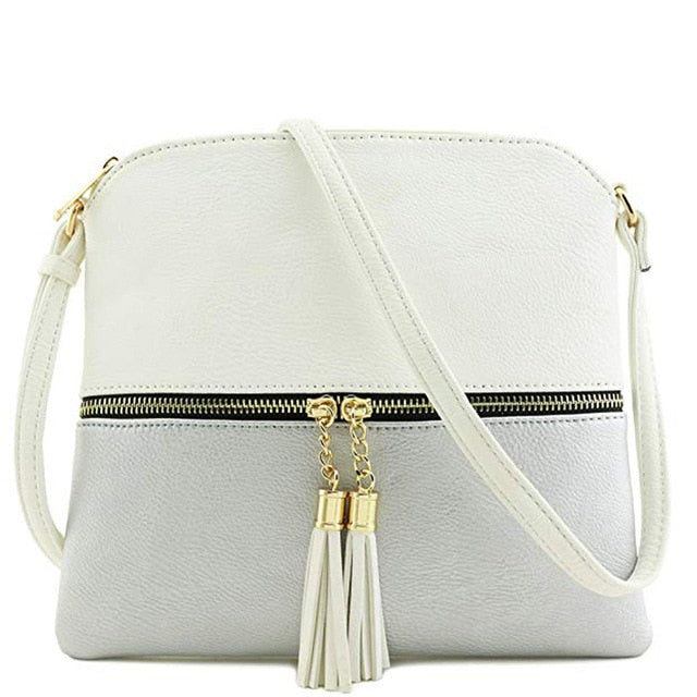 New Panelled Zipper Shoulder Bags Women Leather Tassel Crossbody Bag Hit Color Shoulder Bags Messenger Bag#YL