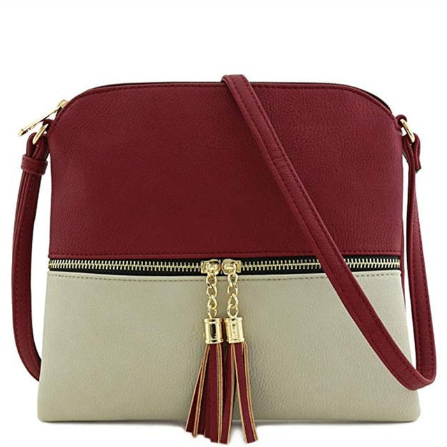 New Panelled Zipper Shoulder Bags Women Leather Tassel Crossbody Bag Hit Color Shoulder Bags Messenger Bag#YL