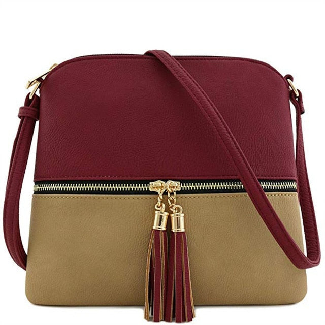 New Panelled Zipper Shoulder Bags Women Leather Tassel Crossbody Bag Hit Color Shoulder Bags Messenger Bag#YL