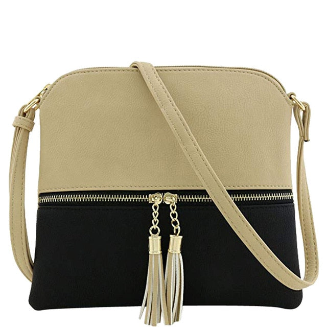 New Panelled Zipper Shoulder Bags Women Leather Tassel Crossbody Bag Hit Color Shoulder Bags Messenger Bag#YL