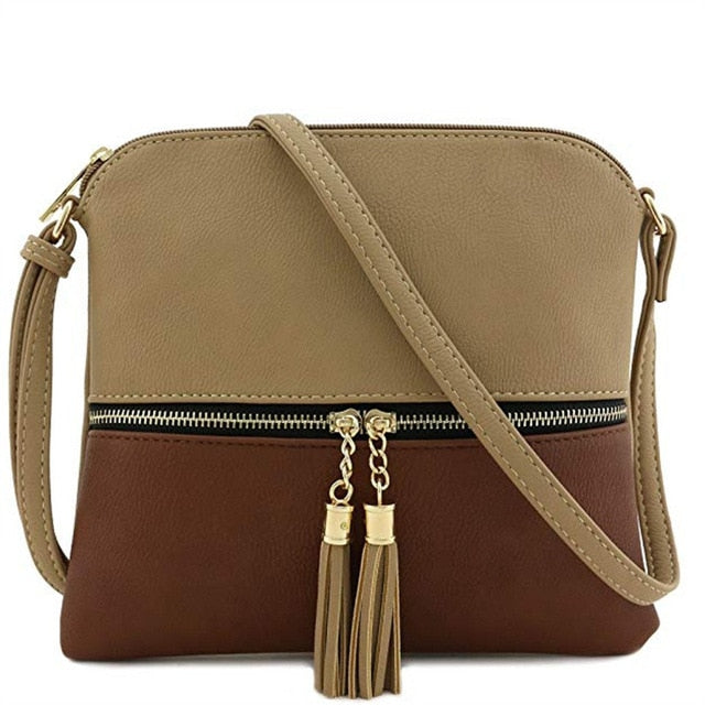 New Panelled Zipper Shoulder Bags Women Leather Tassel Crossbody Bag Hit Color Shoulder Bags Messenger Bag#YL