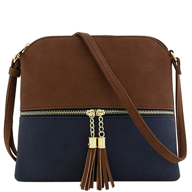 New Panelled Zipper Shoulder Bags Women Leather Tassel Crossbody Bag Hit Color Shoulder Bags Messenger Bag#YL