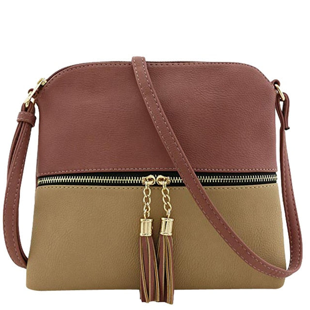 New Panelled Zipper Shoulder Bags Women Leather Tassel Crossbody Bag Hit Color Shoulder Bags Messenger Bag#YL