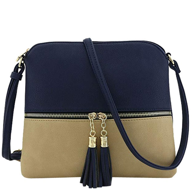 New Panelled Zipper Shoulder Bags Women Leather Tassel Crossbody Bag Hit Color Shoulder Bags Messenger Bag#YL