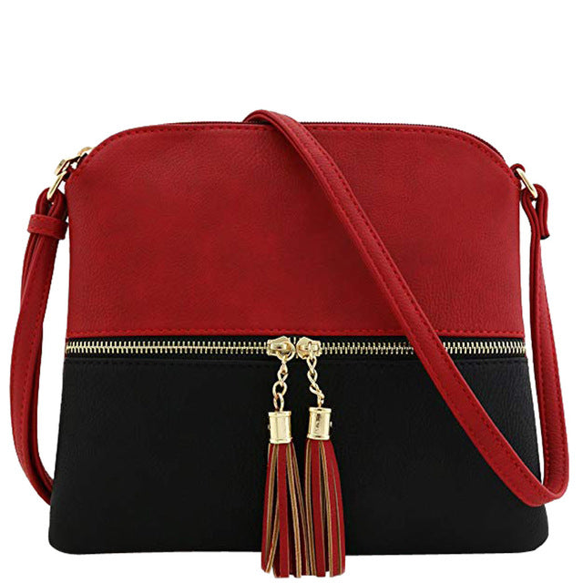 New Panelled Zipper Shoulder Bags Women Leather Tassel Crossbody Bag Hit Color Shoulder Bags Messenger Bag#YL