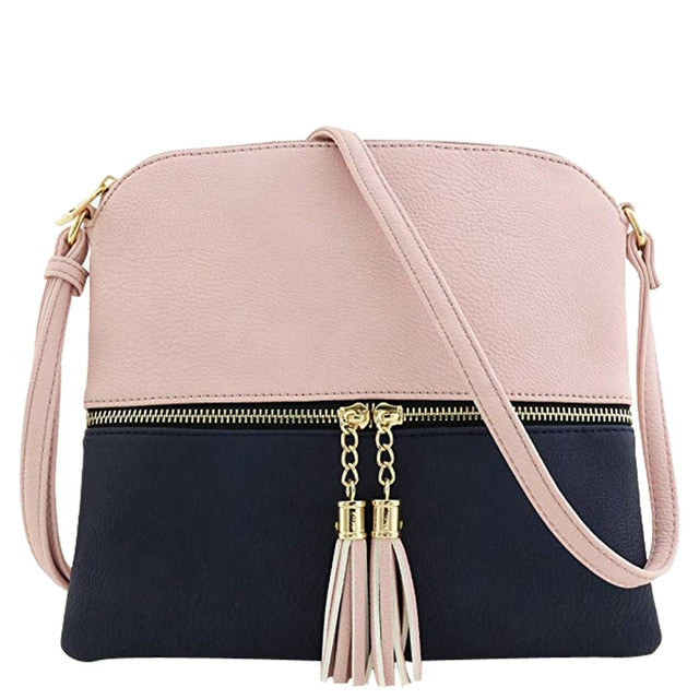 New Panelled Zipper Shoulder Bags Women Leather Tassel Crossbody Bag Hit Color Shoulder Bags Messenger Bag#YL