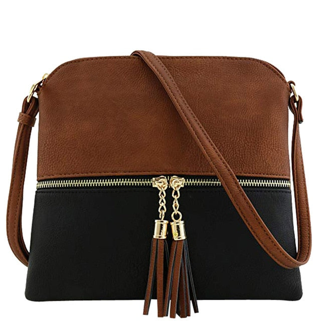 New Panelled Zipper Shoulder Bags Women Leather Tassel Crossbody Bag Hit Color Shoulder Bags Messenger Bag#YL