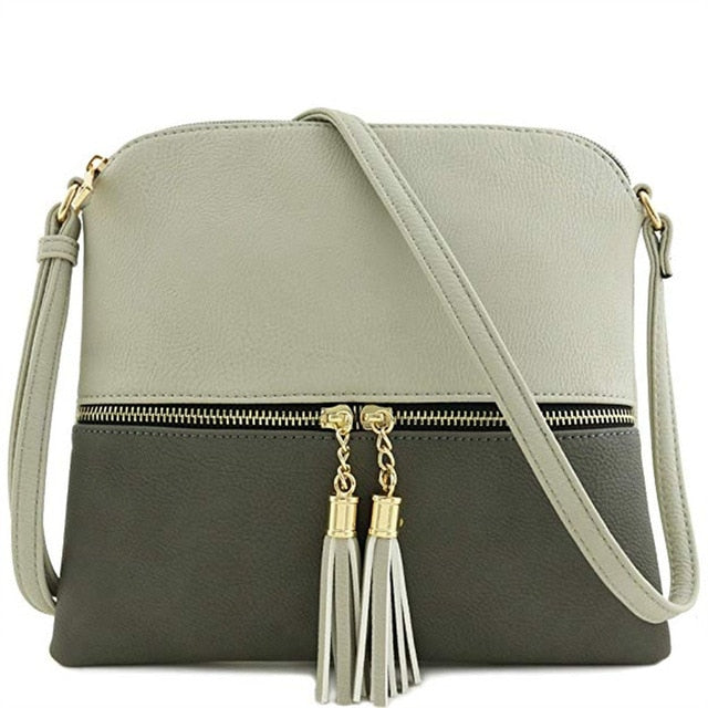 New Panelled Zipper Shoulder Bags Women Leather Tassel Crossbody Bag Hit Color Shoulder Bags Messenger Bag#YL