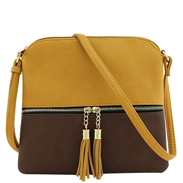 New Panelled Zipper Shoulder Bags Women Leather Tassel Crossbody Bag Hit Color Shoulder Bags Messenger Bag#YL