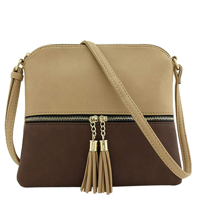 New Panelled Zipper Shoulder Bags Women Leather Tassel Crossbody Bag Hit Color Shoulder Bags Messenger Bag#YL