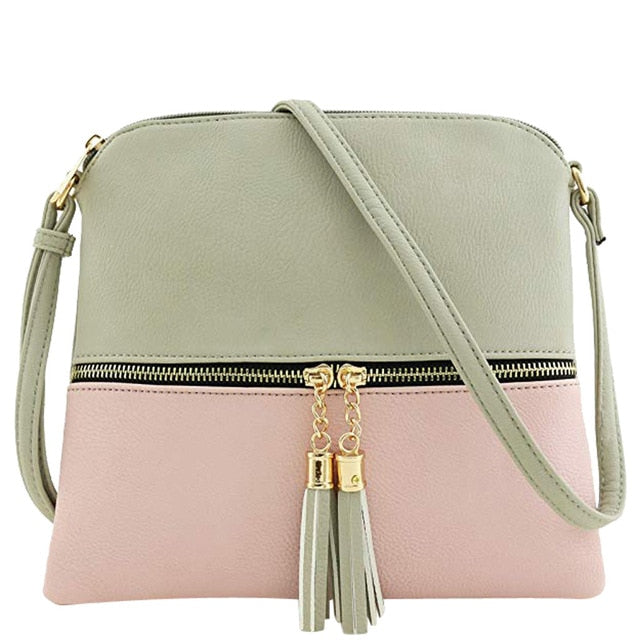 New Panelled Zipper Shoulder Bags Women Leather Tassel Crossbody Bag Hit Color Shoulder Bags Messenger Bag#YL