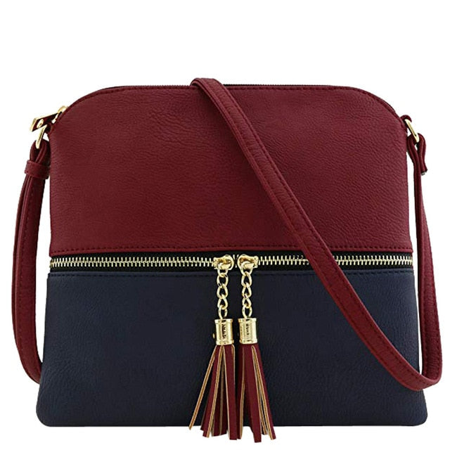 New Panelled Zipper Shoulder Bags Women Leather Tassel Crossbody Bag Hit Color Shoulder Bags Messenger Bag#YL